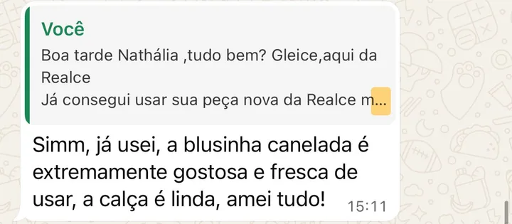 Depoimento de cliente da Realce no WhatsApp