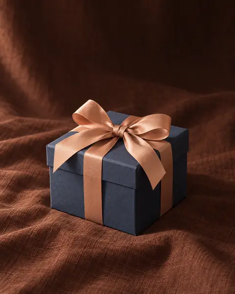 Caixa de presente azul fechada com laço de cetim terracota