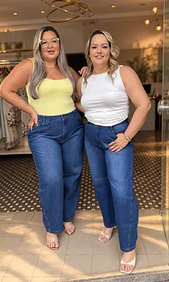 Duas mulheres de jeans largo e regata, lado a lado, na entrada da Realce